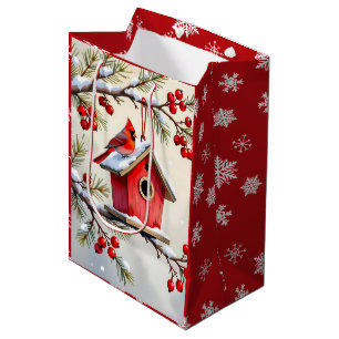 Pretty Christmas Cardinal & Birdhouse Snowflakes Medium Gift Bag