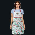 Pretty Christmas Floral Pattern Name White Womens Apron<br><div class="desc">This beautiful holiday apron features a Christmas floral pattern in red, green, and teal over a white background (background color can be customized, if desired). We also carry a matching apron in kids' size, so mom and daughter can match! A text template is included for personalization, making this apron truly...</div>