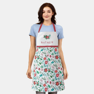 Pretty Christmas Floral Pattern Name White Womens Apron