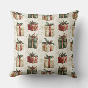 Pretty Christmas Gifts with Ribbons and Holly Throw Pillow