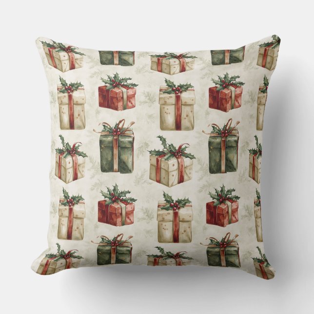 Pretty Christmas Gifts with Ribbons and Holly Throw Pillow (Front)