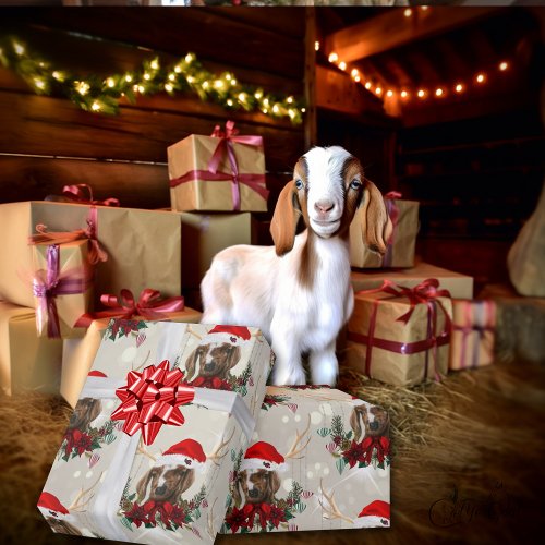 Pretty Christmas Goat Boer Kid Wreath Wrapping Paper