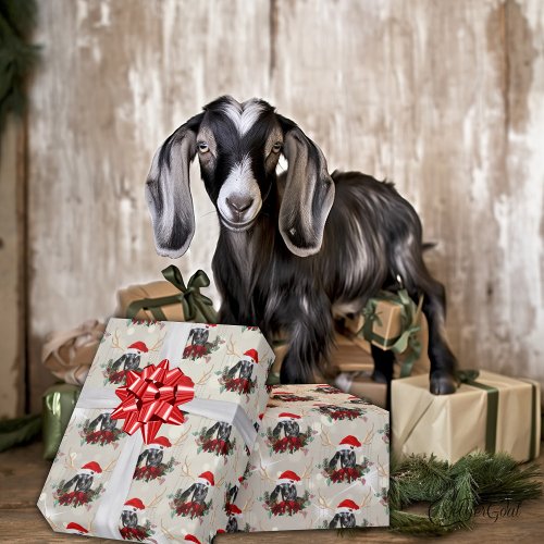 Pretty Christmas Nubian Kid Goat Poinsettia Wreath Wrapping Paper