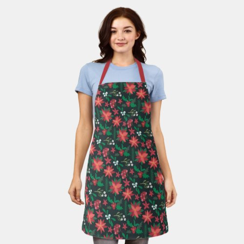 Pretty Christmas Poinsettia Floral Pattern Apron