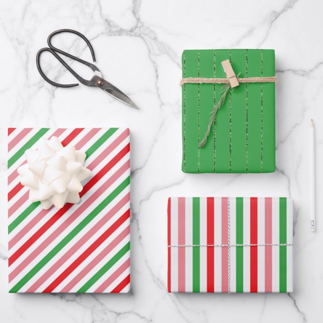 Pretty Christmas Stripes Trio Wrapping Paper Sheets (Front)