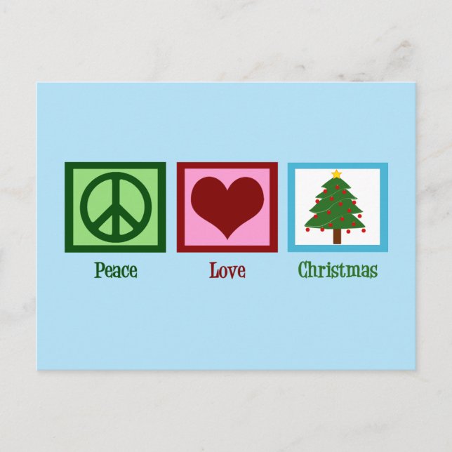 Pretty Christmas Tree Blue Peace Sign Heart Holiday Postcard (Front)