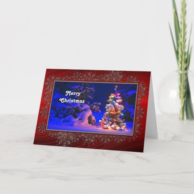 Pretty Christmas Tree Lights Snow Photo Holiday Card (Front)