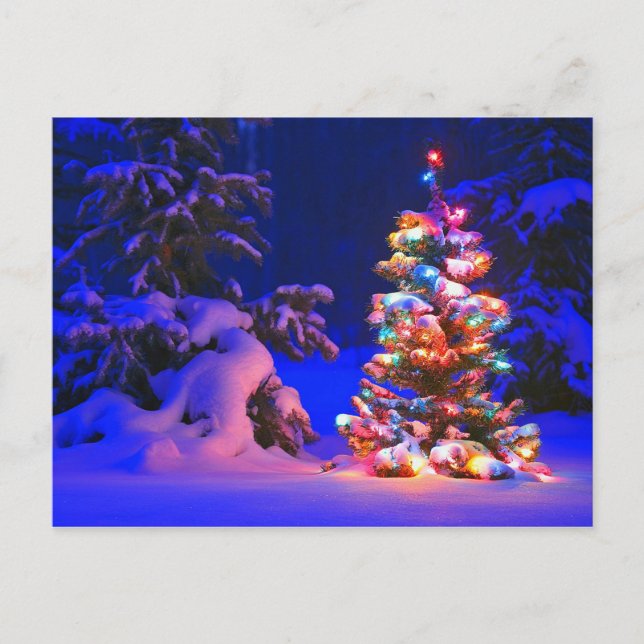Pretty Christmas Tree Lights Snow Photo Postcard (Front)