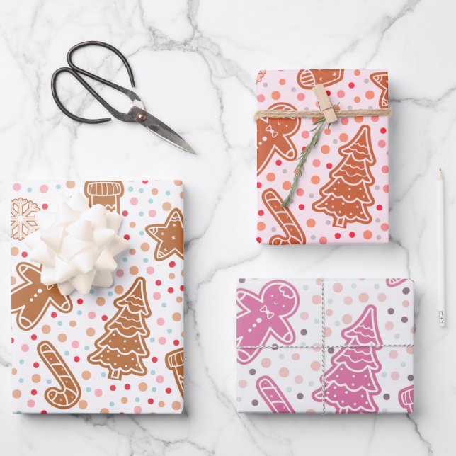 Pretty Christmas Trees Hears Stars Christmas Wrapping Paper Sheets (Front)