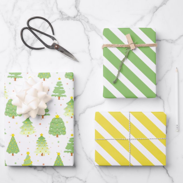 Pretty Christmas Trees Wrapping Paper set of 3 (Front)