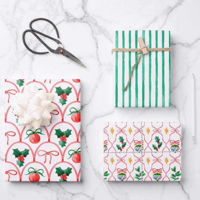 Pretty Christmas Watercolor Ornaments & Holly  Wrapping Paper Sheets (Front)