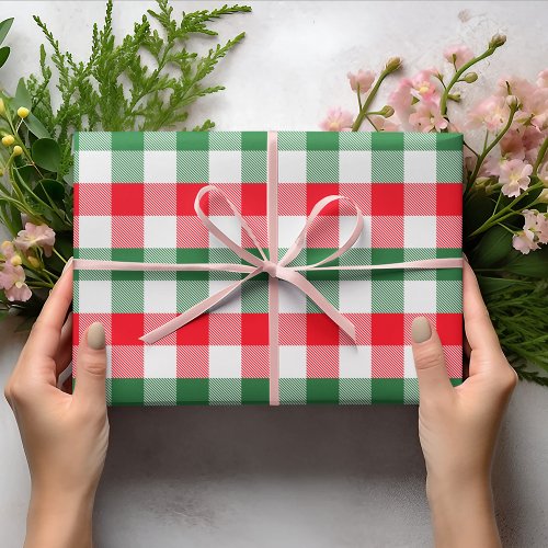 Pretty Christmas White Green and Red Buffalo Plaid Wrapping Paper