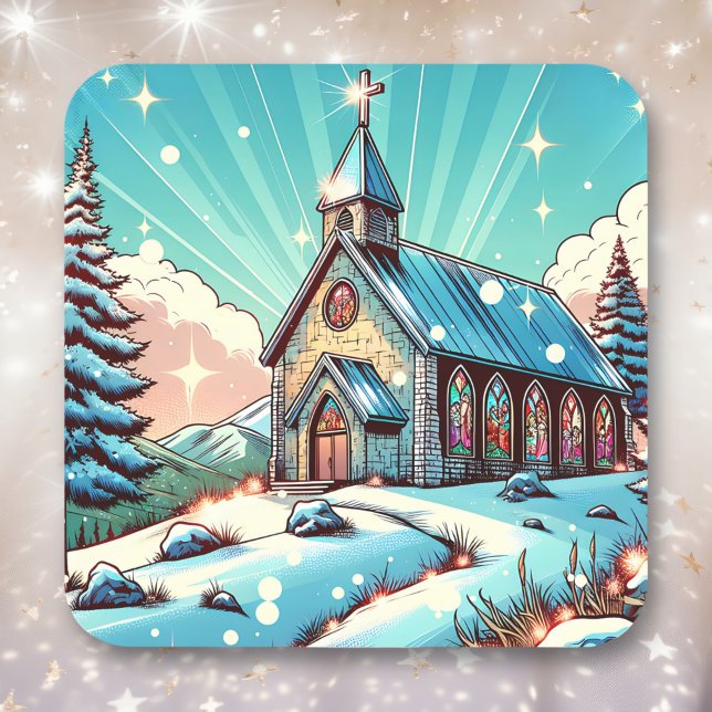 Pretty Church on a Winter Christmas Square Sticker (Creator Uploaded)