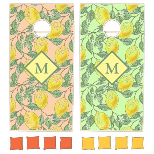 Pretty Citrus Theme with Lemons and Monogram Cornhole Set