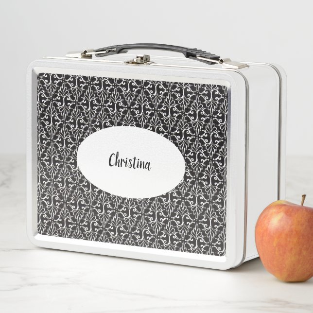 Pretty Classic Black White Scrolled Damask Pattern Metal Lunch Box (In Situ)