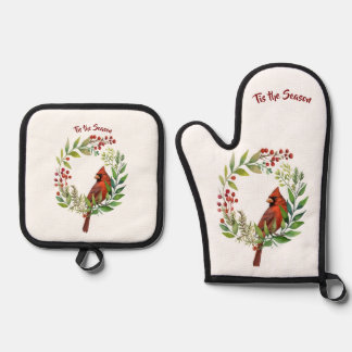Pretty Classic Cardinal Red Bird Oven Mitt & Pot Holder Set