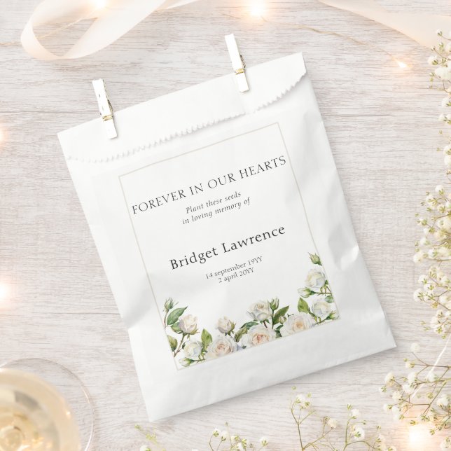 Pretty Classic White Roses Funeral Seed Packet Favor Bag (Clipped)