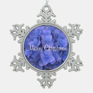 Pretty Close-up Blue Hydrangea Floral on Snowflake Snowflake Pewter Christmas Ornament