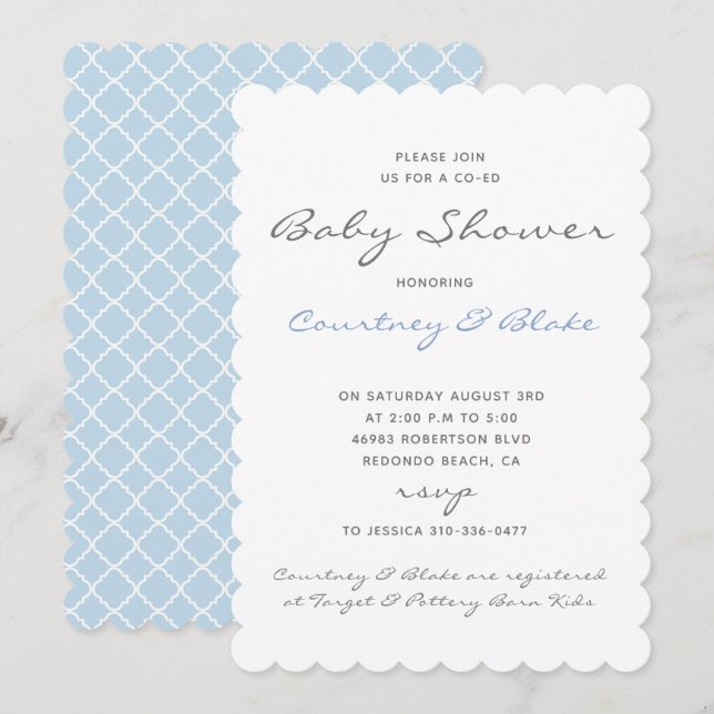 Pretty Co-Ed Baby Invitation Blue (Front/Back)