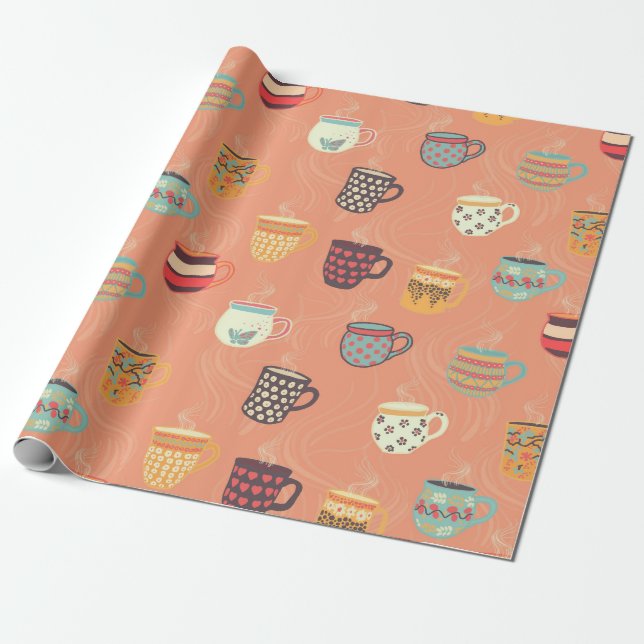 Pretty Coffee Tea Mugs Wrapping Paper (Unrolled)