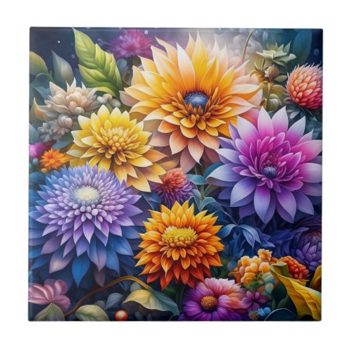 Pretty Colorful Ai Art Flowers  Ceramic Tile
