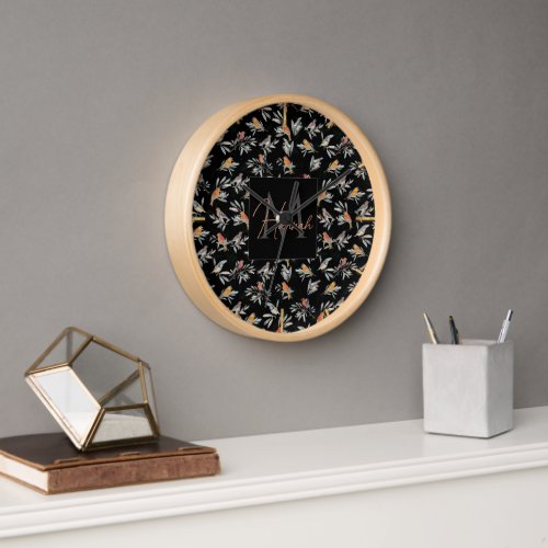 Pretty Colorful Birds Leaves Vintage Black Design Clock