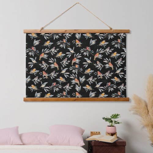 Pretty Colorful Birds Leaves Vintage Black Design Hanging Tapestry