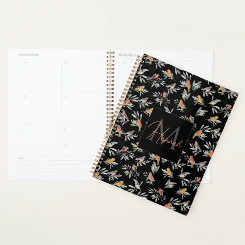 Pretty Colorful Birds Leaves Vintage Black Design Planner