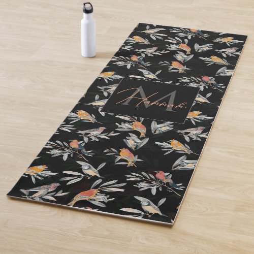 Pretty Colorful Birds Leaves Vintage Black Design Yoga Mat