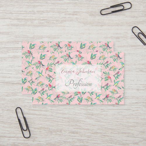 Pretty Colorful Birds Leaves Vintage Pink Design Business Card