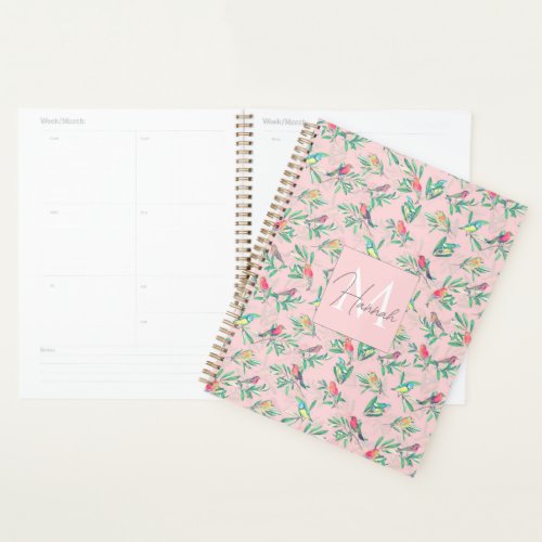 Pretty Colorful Birds Leaves Vintage Pink Design Planner