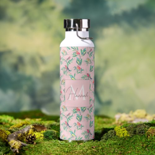 Pretty Colorful Birds Leaves Vintage Pink Design Water Bottle