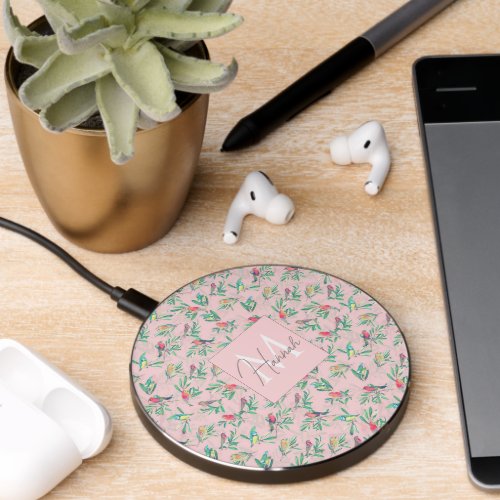 Pretty Colorful Birds Leaves Vintage Pink Design Wireless Charger