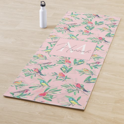 Pretty Colorful Birds Leaves Vintage Pink Design Yoga Mat