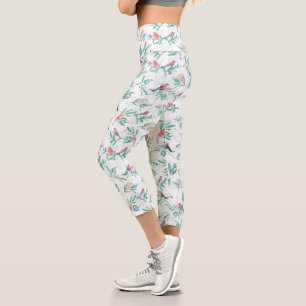 Pretty Colorful Birds Leaves Vintage White Design Capri Leggings