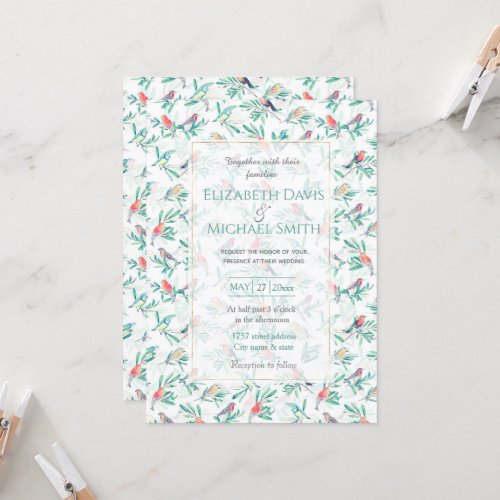 Pretty Colorful Birds Leaves Vintage White Design Invitation