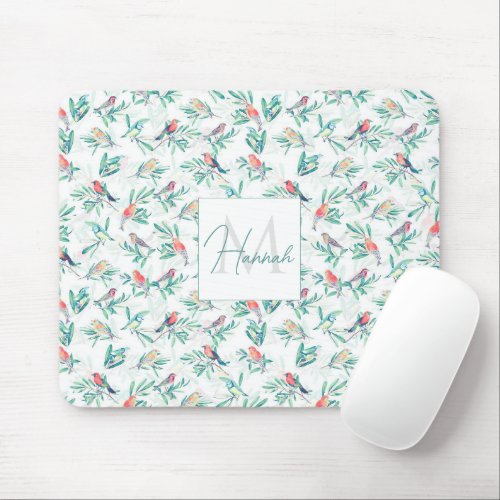 Pretty Colorful Birds Leaves Vintage White Design Mouse Pad
