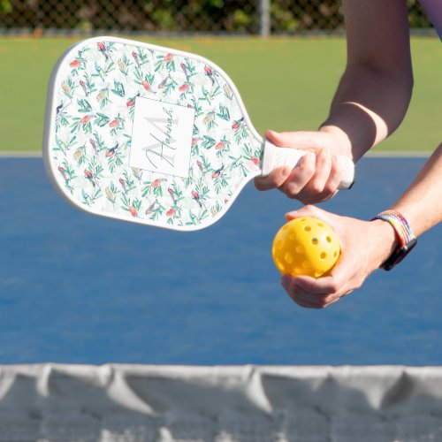 Pretty Colorful Birds Leaves Vintage White Design Pickleball Paddle