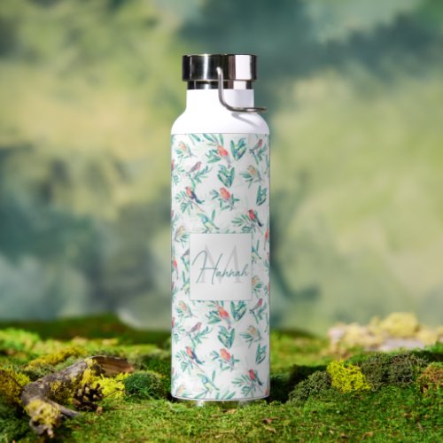 Pretty Colorful Birds Leaves Vintage White Design Water Bottle