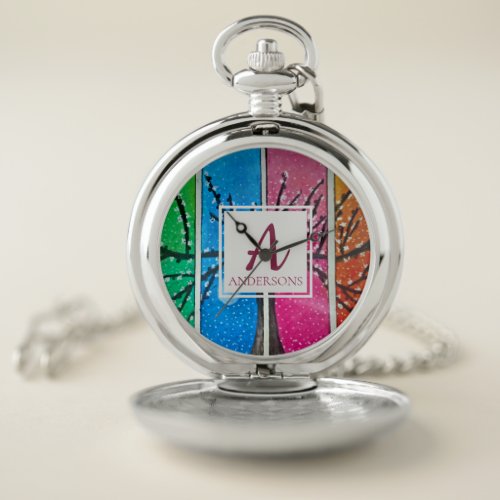 Pretty Colorful Blue Green Orange Pink  Monogram Pocket Watch