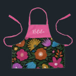 Pretty Colorful Bold Florals | Kids Apron<br><div class="desc">This bold, colorful kids' apron features a hand drawn floral design in magenta / fuchsia pink, orange, golden yellow, purple, blue, and green over a custom color background (shown in black). A text template is included for personalization, making this apron a great gift for any special occasion or holiday! *Artwork...</div>