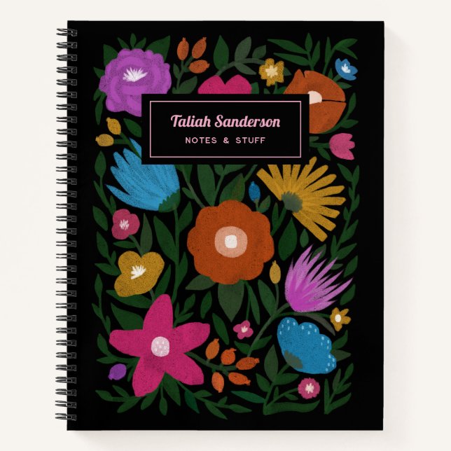 Pretty Colorful Bold Florals with Name | Black Notebook (Front)