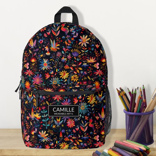 Pretty Colorful Botanical Art Midnight Name Custom Printed Backpack