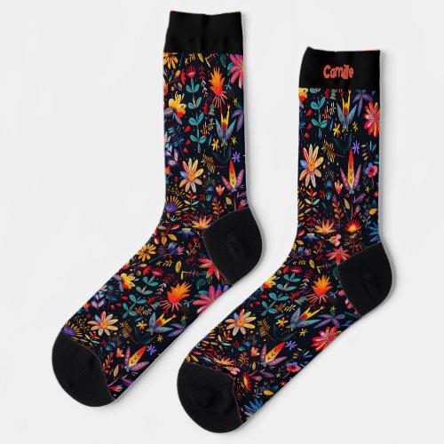 Pretty Colorful Botanical Art Midnight Name Custom Socks