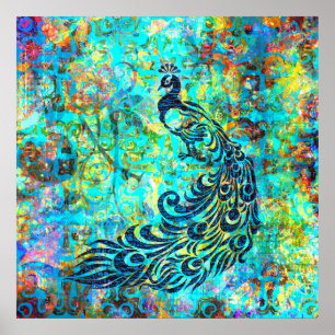 Pretty Colorful Bright Turquoise Peacock Abstract Poster