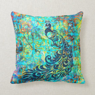 Pretty Colorful Bright Turquoise Peacock Abstract Throw Pillow