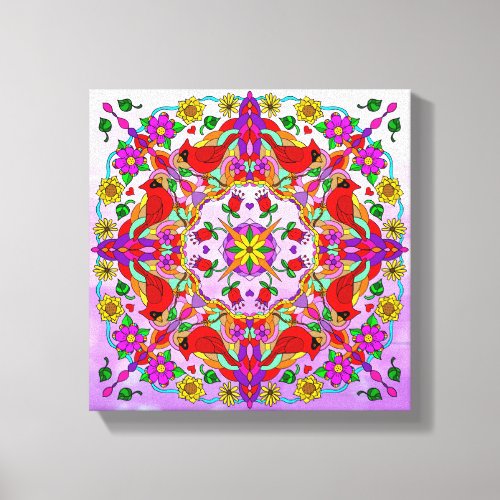 Pretty Colorful Cardinals and Flowers Mandala  Canvas Print