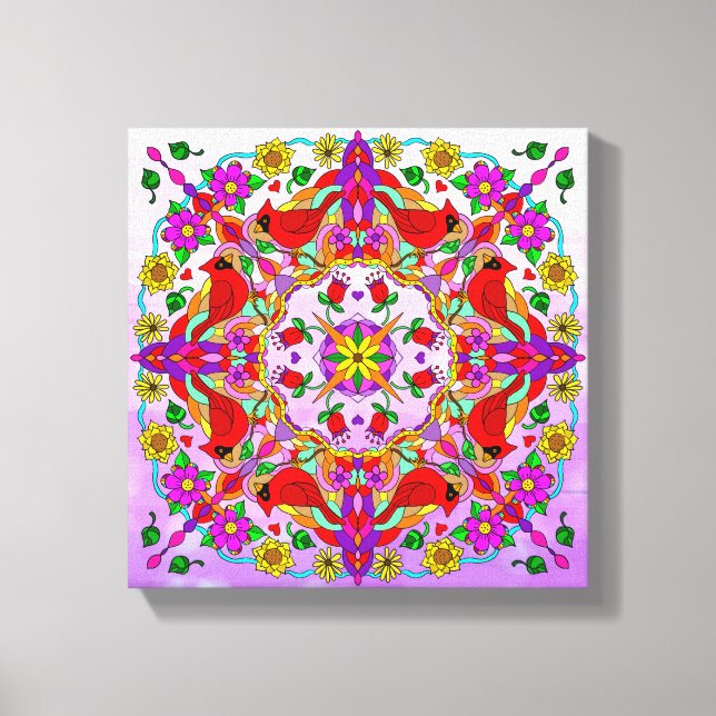 Pretty Colorful Cardinals and Flowers Mandala  Canvas Print (Front)