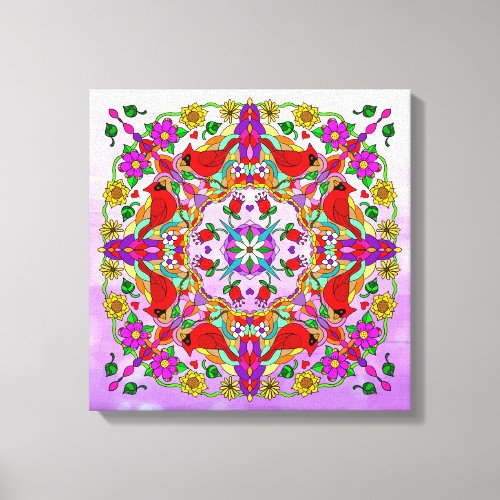Pretty Colorful Cardinals and Flowers Mandala   Canvas Print