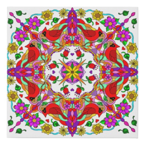 Pretty Colorful Cardinals and Flowers Mandala  Faux Canvas Print